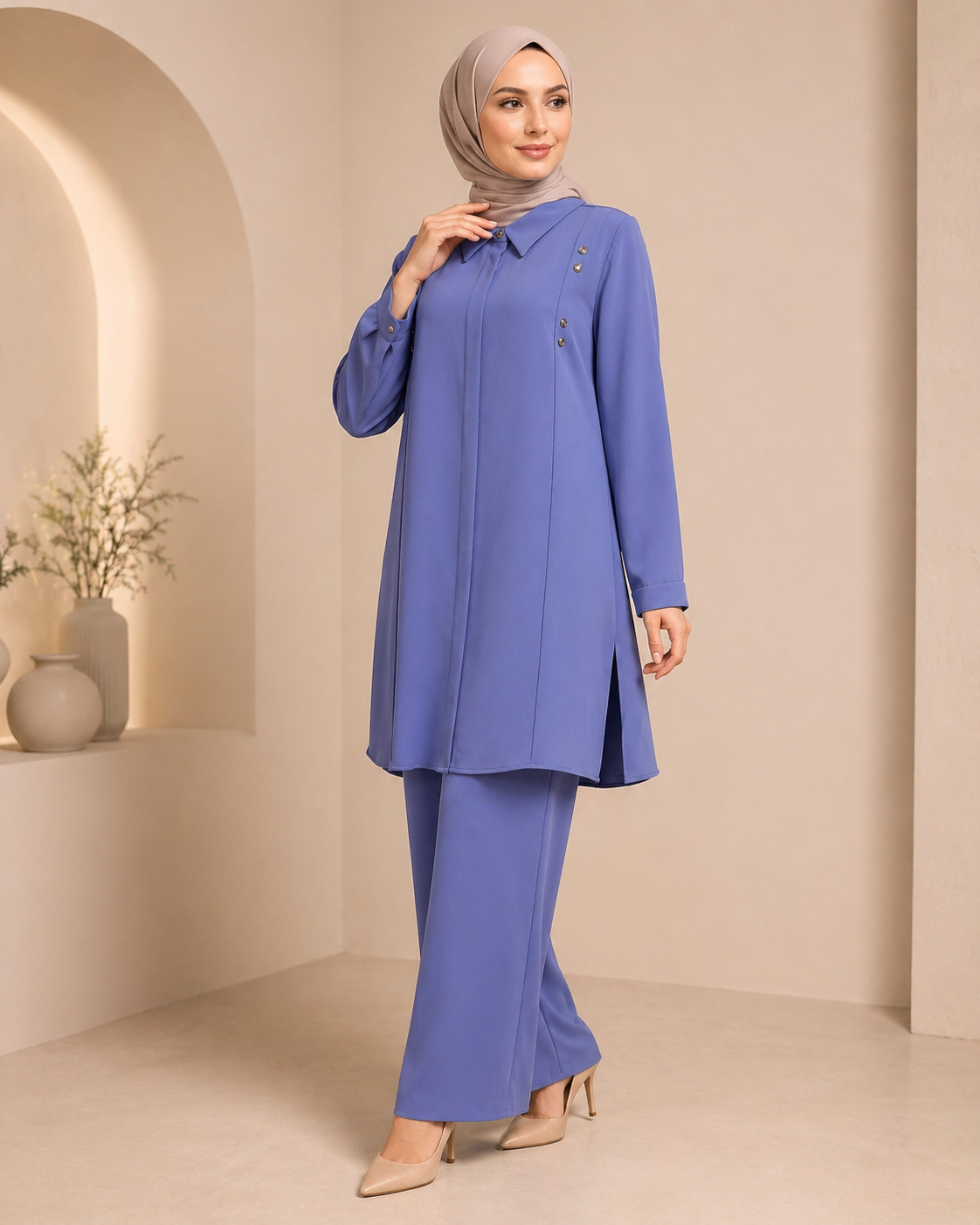 Düğme Detaylı Polo Tunik Pantolon Takım